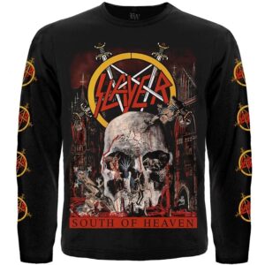 Предна част на черна тениска Slayer South of Heaven дълъг ръкав с череп и мечове