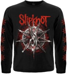 Предна част на черна тениска Slipknot с дълъг ръкав, голямо лого и червени звезди на ръкавите