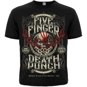 Лице на черна метъл тениска Five Finger Death Punch с череп и надписи 100% Pure