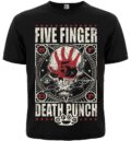 Лице на черна метъл тениска Five Finger Death Punch с голяма щампа на череп и червен отпечатък.