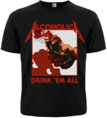 Черна рокерска тениска Alcoholica Drink 'Em All с червена щампа и бутилка