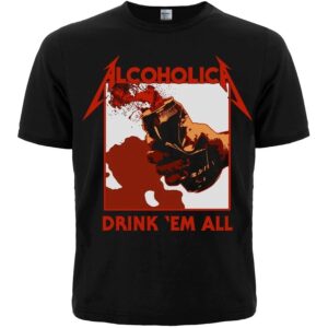 Черна рокерска тениска Alcoholica Drink 'Em All с червена щампа и бутилка