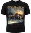 Лице на черна метъл тениска Bathory Blood Fire Death с голяма цветна щампа