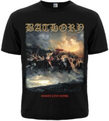 Лице на черна метъл тениска Bathory Blood Fire Death с голяма цветна щампа