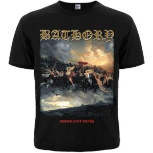 Лице на черна метъл тениска Bathory Blood Fire Death с голяма цветна щампа