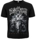 Лице на черна метъл тениска Belphegor Totenritual с детайлна бяла щампа и обърнати кръстове