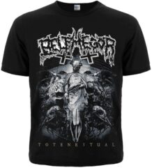 Лице на черна метъл тениска Belphegor Totenritual с детайлна бяла щампа и обърнати кръстове