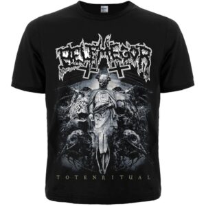 Лице на черна метъл тениска Belphegor Totenritual с детайлна бяла щампа и обърнати кръстове