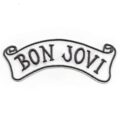 Малка бродирана рок нашивка на Bon Jovi с черен надпис Script Tattoo на бял фон