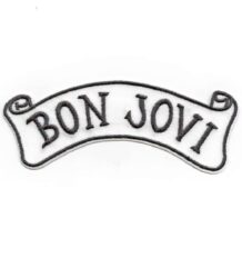 Малка бродирана рок нашивка на Bon Jovi с черен надпис Script Tattoo на бял фон