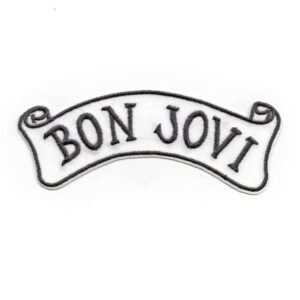 Малка бродирана рок нашивка на Bon Jovi с черен надпис Script Tattoo на бял фон
