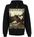 Лице на черен мъжки суичер с цип Burzum с голяма щампа Filosofem и качулка