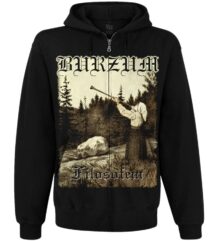 Лице на черен мъжки суичер с цип Burzum с голяма щампа Filosofem и качулка