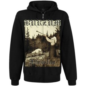 Лице на черен мъжки суичер с цип Burzum с голяма щампа Filosofem и качулка