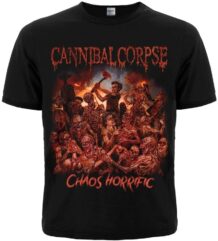 Предна част на черна метъл тениска Cannibal Corpse Chaos Horrific с масивна цветна щампа на зомбита и лого.