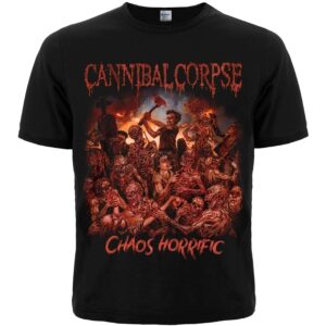 Предна част на черна метъл тениска Cannibal Corpse Chaos Horrific с масивна цветна щампа на зомбита и лого.