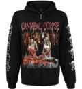 Предна част на черен суичер с цип Cannibal Corpse Butchered at Birth с голяма цветна щампа