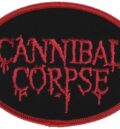 Овална метъл нашивка на Cannibal Corpse с червено бродирано лого