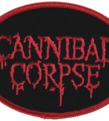 Овална метъл нашивка на Cannibal Corpse с червено бродирано лого