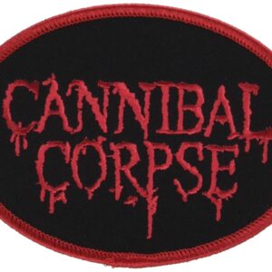 Овална метъл нашивка на Cannibal Corpse с червено бродирано лого