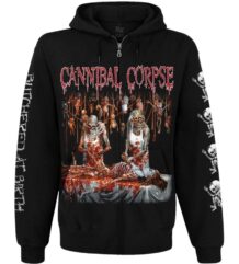 Предна част на черен суичер с цип Cannibal Corpse Butchered at Birth с голяма цветна щампа