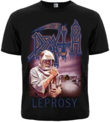 Лице на черна метъл тениска Death Leprosy с розова щампа на обложката