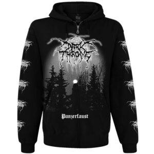 Лице на черен мъжки суичер с цип Darkthrone с щампа Panzerfaust и лога по ръкавите