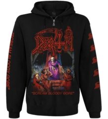 Предна част на черен суичер с цип Death Scream Bloody Gore с червено лого и обложка на албума