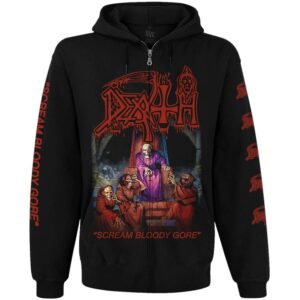 Предна част на черен суичер с цип Death Scream Bloody Gore с червено лого и обложка на албума