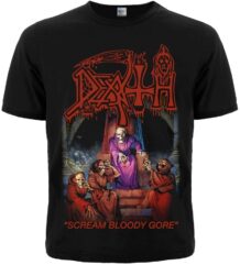 Лице на черна метъл тениска Death Scream Bloody Gore с червено лого и зомбита