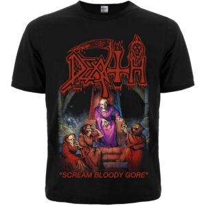 Лице на черна метъл тениска Death Scream Bloody Gore с червено лого и зомбита