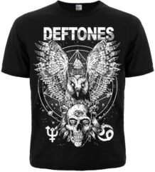 Черна рок тениска Deftones с голям бял бухал, череп и геометрични символи