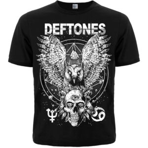 Черна рок тениска Deftones с голям бял бухал, череп и геометрични символи