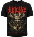 Лице на черна метъл тениска Deicide Banished by Sin с червено лого и демон