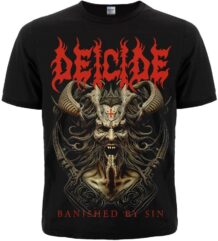 Лице на черна метъл тениска Deicide Banished by Sin с червено лого и демон