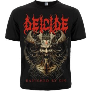 Лице на черна метъл тениска Deicide Banished by Sin с червено лого и демон