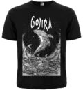 Лице на черна метъл тениска Gojira Flying Whales с артистична бяла щампа на летящи китове.