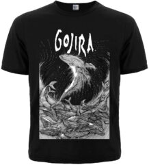 Лице на черна метъл тениска Gojira Flying Whales с артистична бяла щампа на летящи китове.