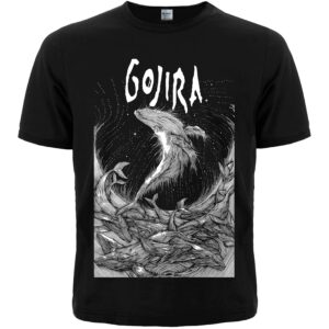 Лице на черна метъл тениска Gojira Flying Whales с артистична бяла щампа на летящи китове.
