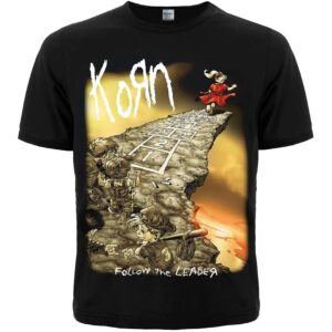 Лице на мъжка тениска с щампа Korn Follow the Leader с момиче на пропаст