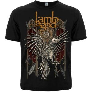 Черна мъжка метъл тениска с щампа на Lamb of God и скелет на гарван