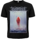 Лице на черна метъл тениска Lorna Shore And I Return to Nothingness с червена фигура на жътвар.