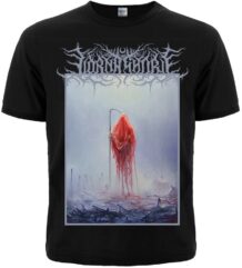 Лице на черна метъл тениска Lorna Shore And I Return to Nothingness с червена фигура на жътвар.