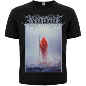 Лице на черна метъл тениска Lorna Shore And I Return to Nothingness с червена фигура на жътвар.