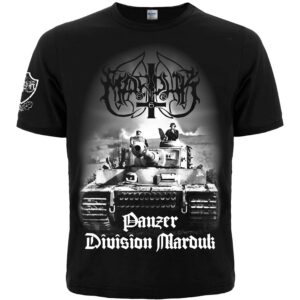 Предна част на черна метъл тениска Marduk Panzer Division с танк и обърнат кръст
