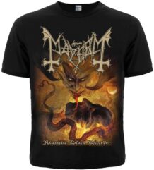 Предна част на черна метъл тениска Mayhem Atavistic Black Disorder с цветен демон и лого