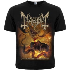 Предна част на черна метъл тениска Mayhem Atavistic Black Disorder с цветен демон и лого