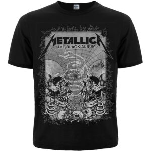Лице на черна рок тениска Metallica The Black Album с графики на черепи и змия