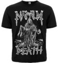 Лице на черна метъл тениска Napalm Death с бяла ситопечатна щампа на скелет и логото на бандата.