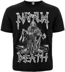Лице на черна метъл тениска Napalm Death с бяла ситопечатна щампа на скелет и логото на бандата.